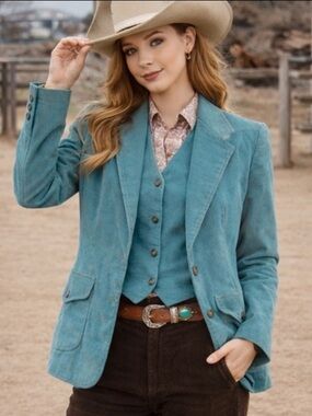 Country Craft Teal Cotton Corduroy Blazer Vest Set Vintage Western Size 7/8 S